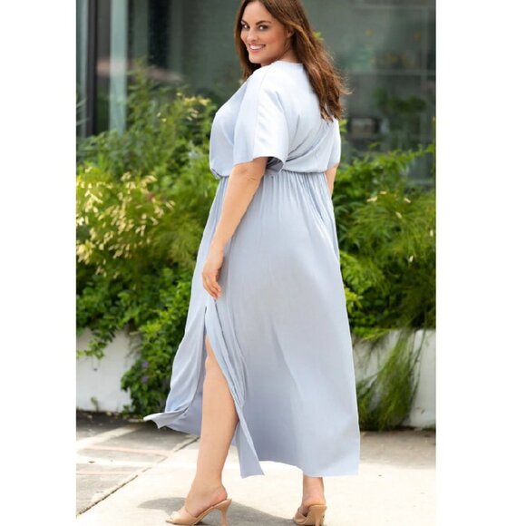 NEW - Plus Size Round Neck Split Flutter Sleeve Maxi Dress - Dusty Blue,  1X, 2x - Picture 2 of 16